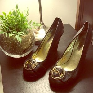 Black Steve Madden Buckle Wedge Heels